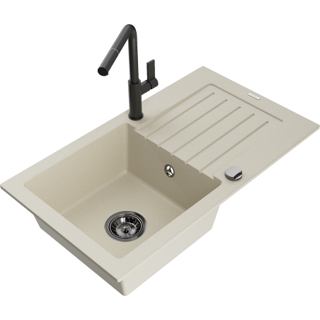Mexen Pablo 1-Bowl Granite Sink with Drainer and Flora Kitchen Faucet, Beige - 6510-69-670401-70-B