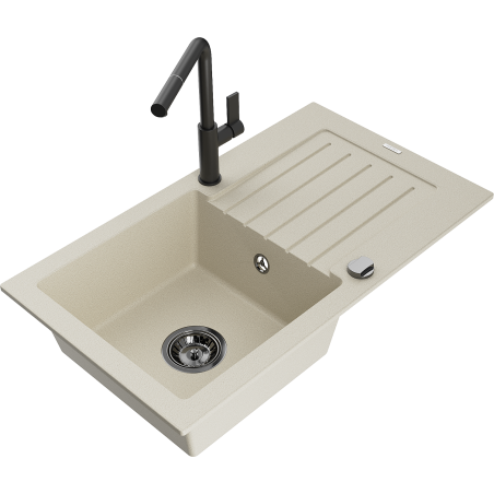 Mexen Pablo granite kitchen sink 1-bowl with drainer and kitchen tap Flora, beige - 6510-69-670401-70-B