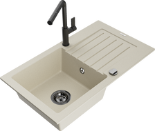 Mexen Pablo 1-Bowl Granite Sink with Drainer and Flora Kitchen Faucet, Beige - 6510-69-670401-70-B