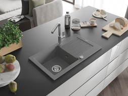 Mexen Pablo 1-compartment granite sink with a drip tray and kitchen mixer tap Flora, Grey - 6510-71-670401-00