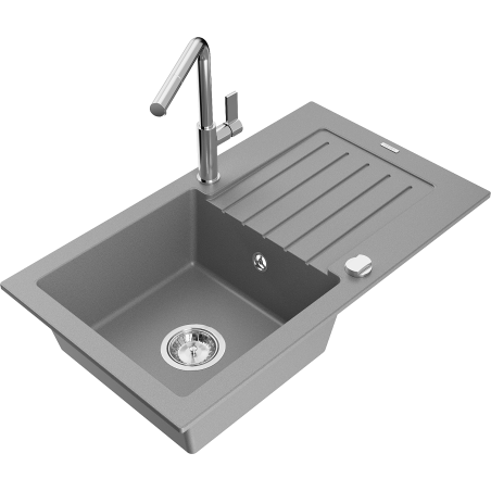 Mexen Pablo granite kitchen sink with 1-bowl and drainer, and kitchen faucet Flora, gray - 6510-71-670401-00