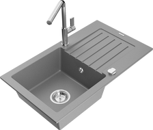Mexen Pablo 1-compartment granite sink with a drip tray and kitchen mixer tap Flora, Grey - 6510-71-670401-00