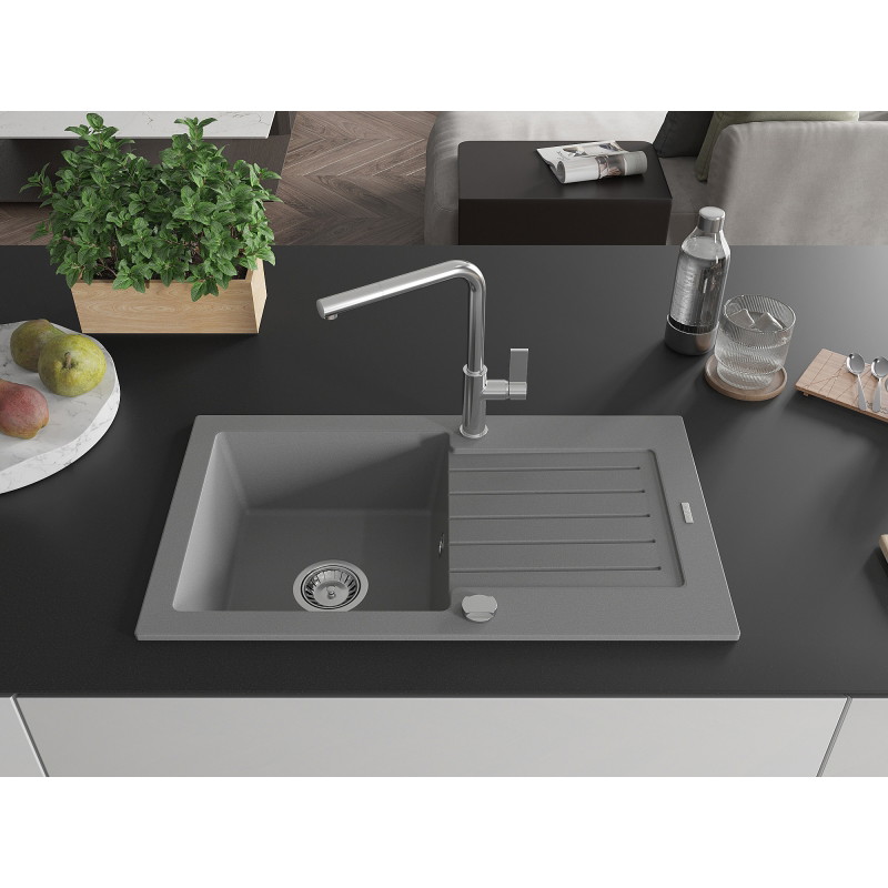 Mexen Pablo granite kitchen sink with 1-bowl and drainer, and kitchen faucet Flora, gray - 6510-71-670401-00