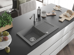 Mexen Pablo 1-compartment granite sink with a drip tray and kitchen mixer tap Flora, Grey - 6510-71-670401-06