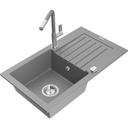Mexen Pablo 1-compartment granite sink with a drip tray and kitchen mixer tap Flora, Grey - 6510-71-670401-06