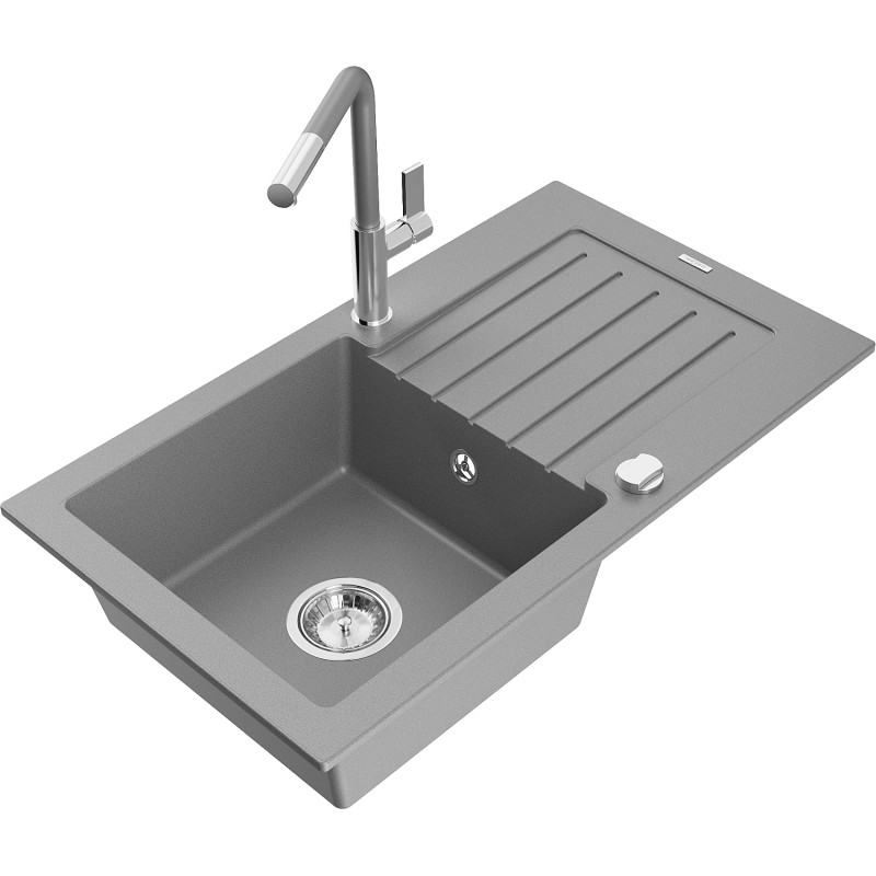 Mexen Pablo granite kitchen sink 1-bowl with drainer and Flora kitchen faucet, gray - 6510-71-670401-06