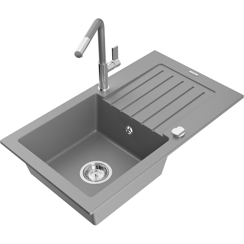 Mexen Pablo single-bowl granite sink with drainer and Flora kitchen tap, grey - 6510-71-670401-06