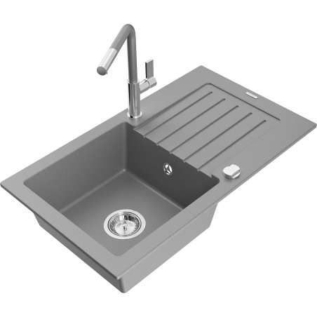 Mexen Pablo granite kitchen sink 1-bowl with drainer and Flora kitchen faucet, gray - 6510-71-670401-06