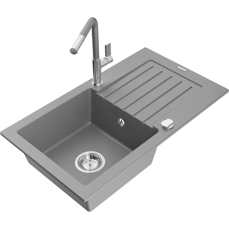 Mexen Pablo single-bowl granite sink with drainer and Flora kitchen tap, grey - 6510-71-670401-06