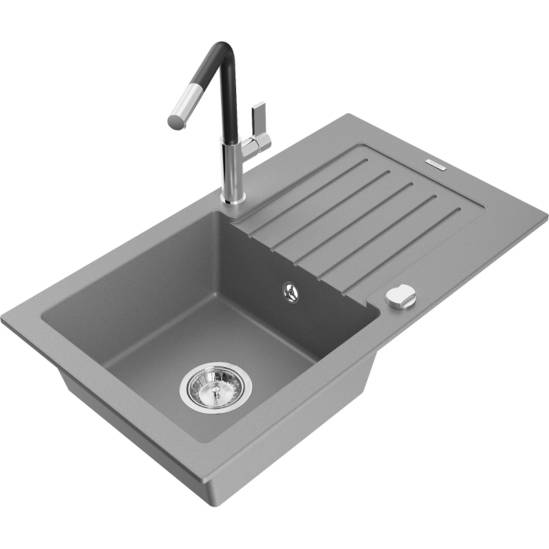 Mexen Pablo 1-compartment granite sink with a drip tray and kitchen mixer tap Flora, Grey - 6510-71-670401-07