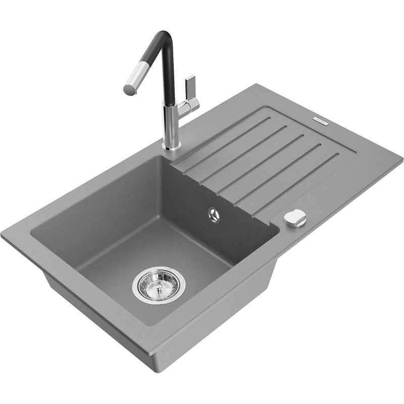 Mexen Pablo granite sink 1-bowl with drainer and Flora kitchen faucet, gray - 6510-71-670401-07