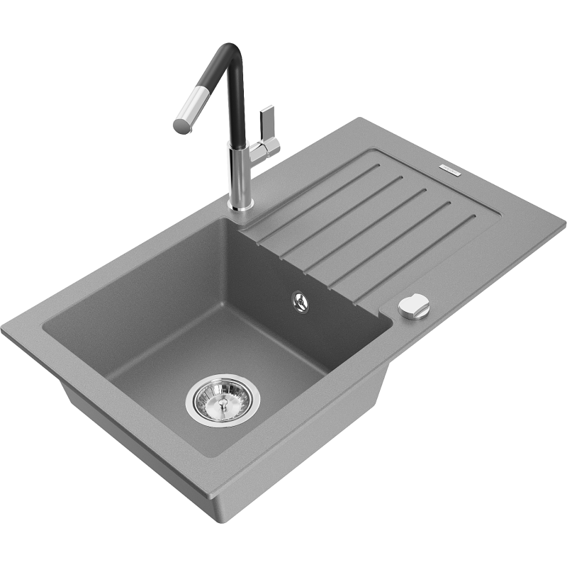 Mexen Pablo granite sink 1-bowl with drainer and Flora kitchen tap, grey - 6510-71-670401-07