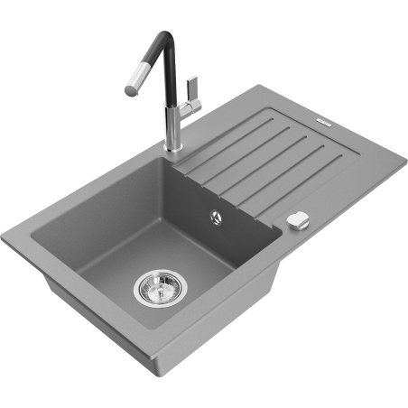 Mexen Pablo 1-bowl granite sink with drainer and Flora kitchen faucet, gray - 6510-71-670401-07
