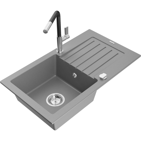 Mexen Pablo granite sink 1-bowl with drainer and Flora kitchen tap, grey - 6510-71-670401-07