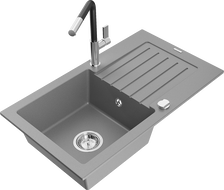 Mexen Pablo granite sink 1-bowl with drainer and Flora kitchen tap, grey - 6510-71-670401-07
