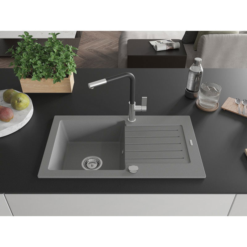 Mexen Pablo granite sink 1-bowl with drainer and Flora kitchen tap, grey - 6510-71-670401-07