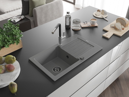 Mexen Pablo 1-compartment granite sink with a drip tray and kitchen mixer tap Flora, Grey - 6510-71-670401-07-B