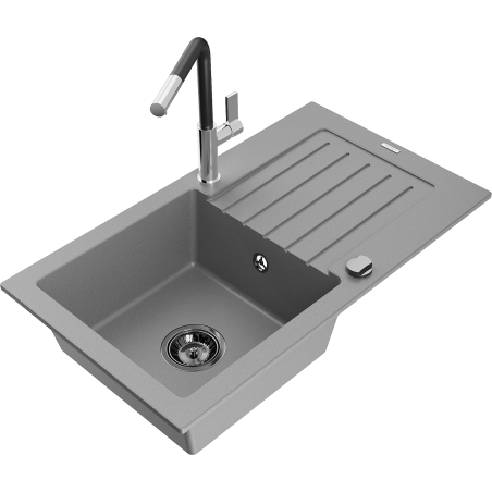 Mexen Pablo granite kitchen sink single-bowl with drainer and Flora kitchen faucet, gray - 6510-71-670401-07-B