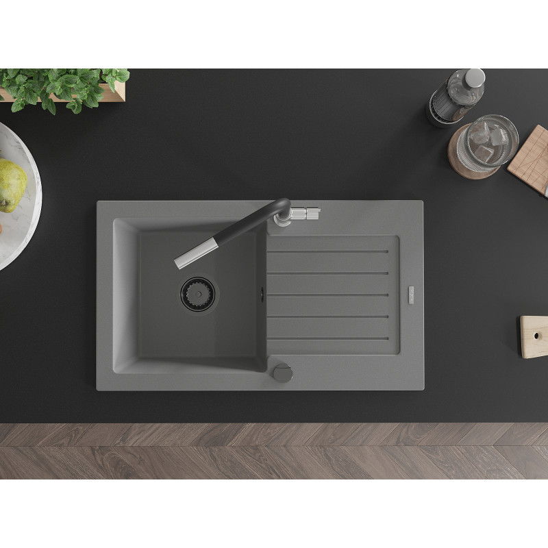 Mexen Pablo granite sink 1-bowl with drainer and Flora kitchen tap, grey - 6510-71-670401-07-B
