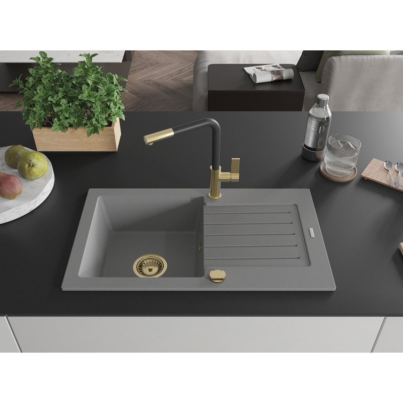 Mexen Pablo single-bowl granite sink with drainer and Flora kitchen faucet, gray - 6510-71-670401-57-G