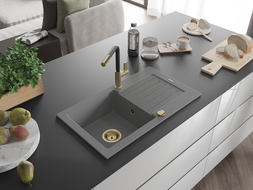 Mexen Pablo 1-bowl granite sink with drainer and Flora kitchen faucet, gray - 6510-71-670401-57-G