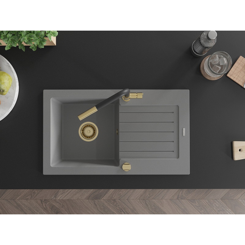 Mexen Pablo single-bowl granite sink with drainer and Flora kitchen faucet, gray - 6510-71-670401-57-G