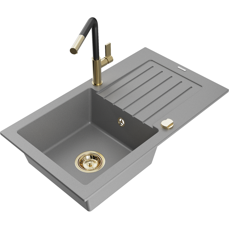 Mexen Pablo 1-bowl granite sink with drainer and Flora kitchen tap, grey - 6510-71-670401-57-G