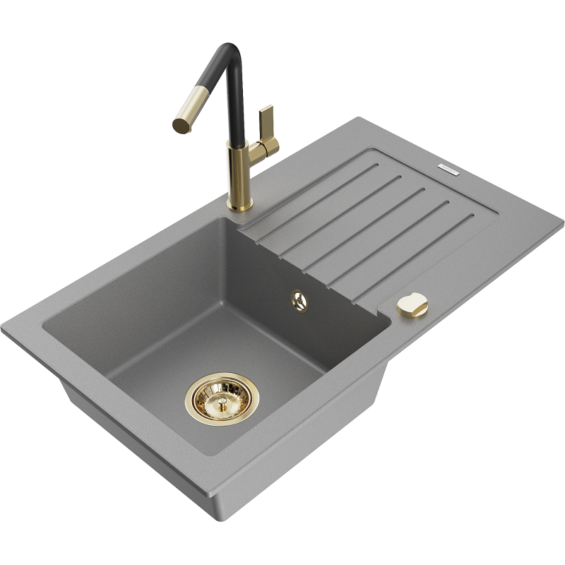Mexen Pablo 1-compartment granite sink with a drip tray and kitchen mixer tap Flora, Grey - 6510-71-670401-57-G