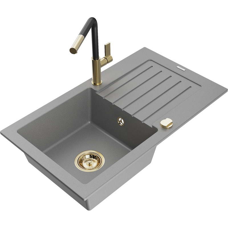 Mexen Pablo single-bowl granite sink with drainer and Flora kitchen faucet, gray - 6510-71-670401-57-G