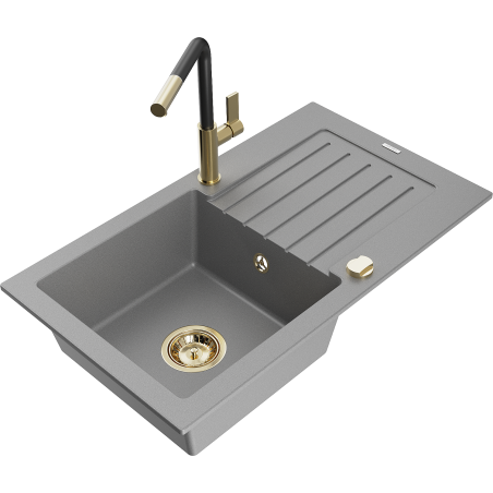 Mexen Pablo 1-bowl granite sink with drainer and Flora kitchen tap, grey - 6510-71-670401-57-G