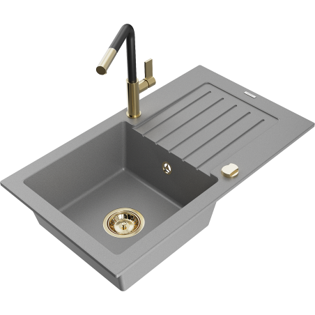Mexen Pablo 1-compartment granite sink with a drip tray and kitchen mixer tap Flora, Grey - 6510-71-670401-57-G