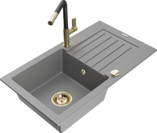 Mexen Pablo 1-compartment granite sink with a drip tray and kitchen mixer tap Flora, Grey - 6510-71-670401-57-G