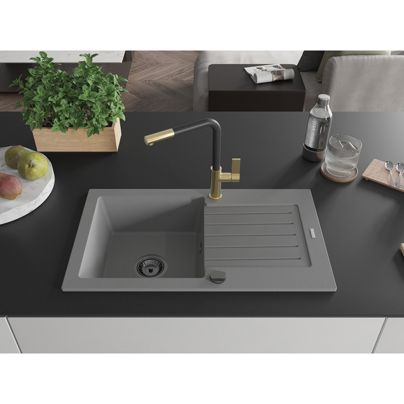 Mexen Pablo 1-bowl granite sink with drainer and Flora kitchen faucet, grey - 6510-71-670401-57-B