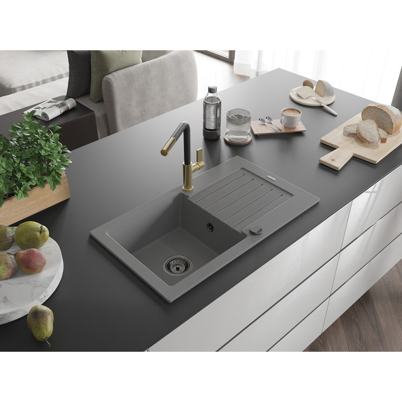 Mexen Pablo granite sink 1-compartment with drainer and Flora kitchen faucet, gray - 6510-71-670401-57-B