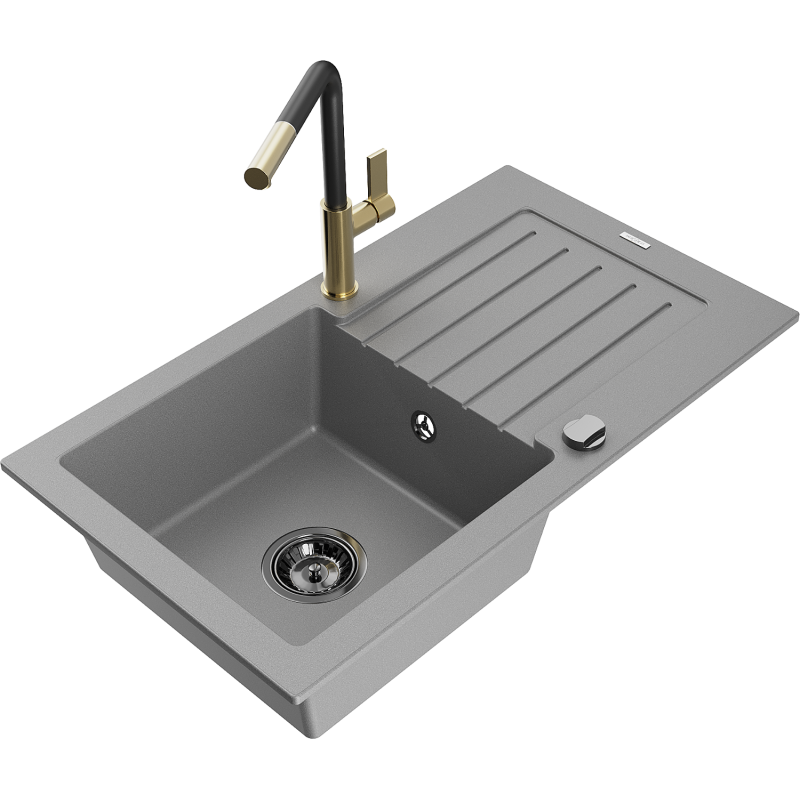 Mexen Pablo 1-compartment granite sink with a drip tray and kitchen mixer tap Flora, Grey - 6510-71-670401-57-B