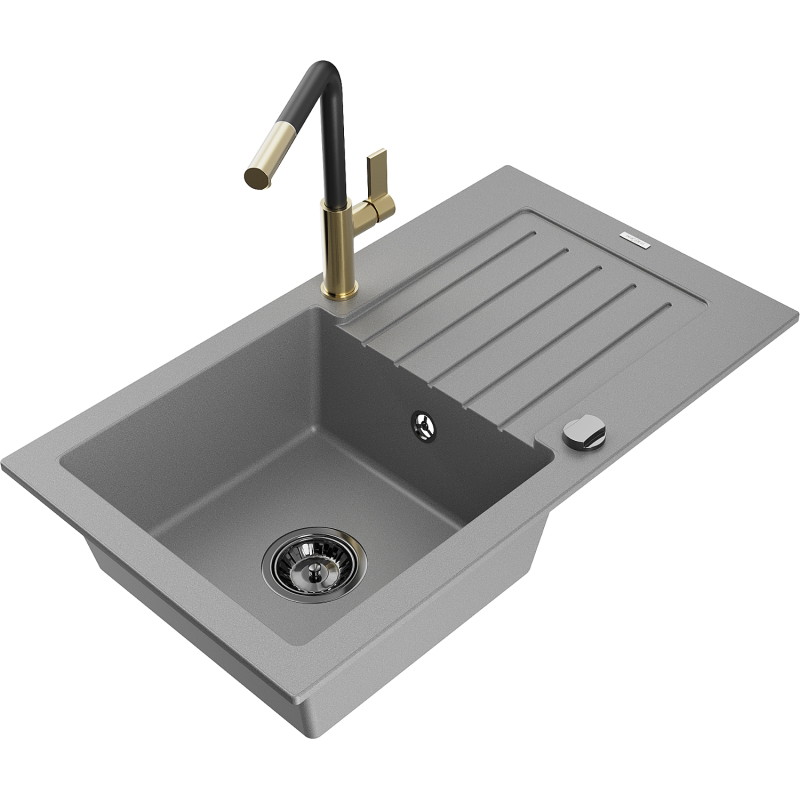 Mexen Pablo granite sink 1-compartment with drainer and Flora kitchen faucet, gray - 6510-71-670401-57-B