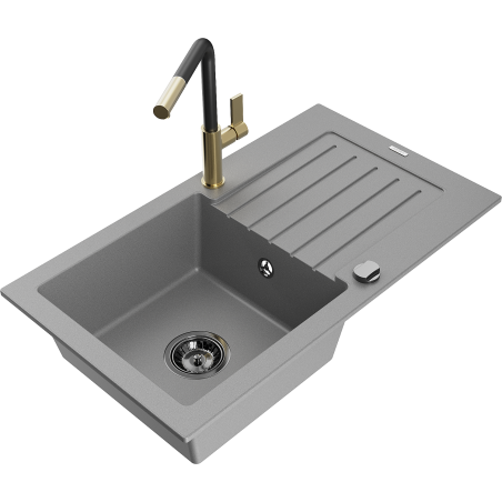 Mexen Pablo granite sink 1-compartment with drainer and Flora kitchen faucet, gray - 6510-71-670401-57-B