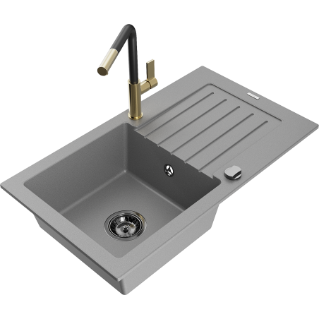 Mexen Pablo single-bowl granite sink with drainer and Flora kitchen tap, grey - 6510-71-670401-57-B