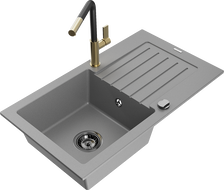 Mexen Pablo 1-compartment granite sink with a drip tray and kitchen mixer tap Flora, Grey - 6510-71-670401-57-B