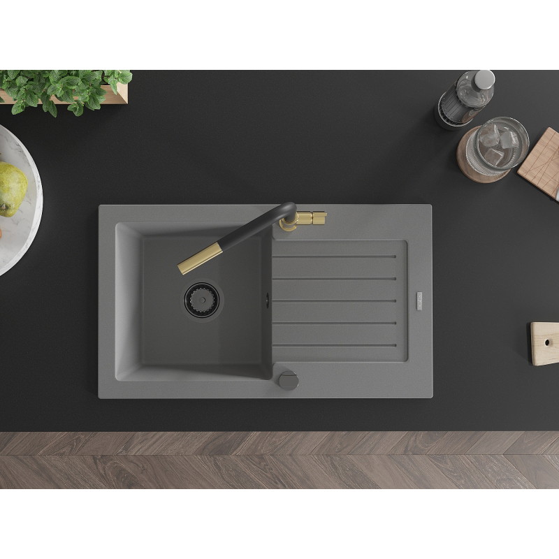 Mexen Pablo granite sink 1-compartment with drainer and Flora kitchen faucet, gray - 6510-71-670401-57-B