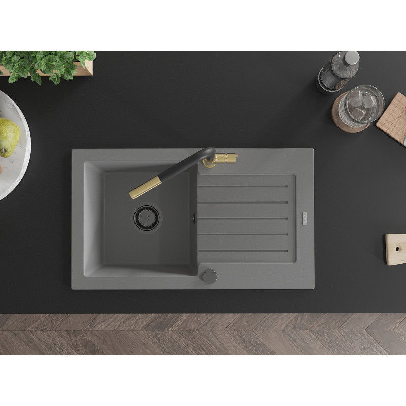 Mexen Pablo single-bowl granite sink with drainer and Flora kitchen tap, grey - 6510-71-670401-57-B