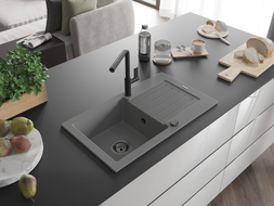 Mexen Pablo granite kitchen sink 1-bowl with drainer and Flora kitchen faucet, gray - 6510-71-670401-70-B