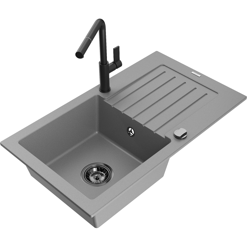 Mexen Pablo 1-bowl granite sink with drainer and Flora kitchen tap, grey - 6510-71-670401-70-B