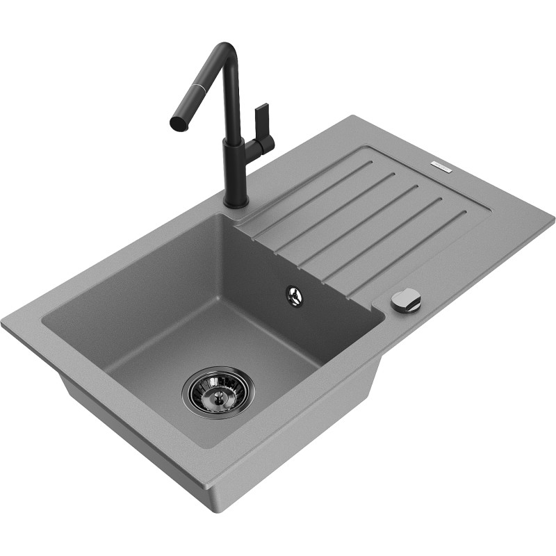 Mexen Pablo granite single-bowl kitchen sink with drainer and Flora faucet, gray - 6510-71-670401-70-B
