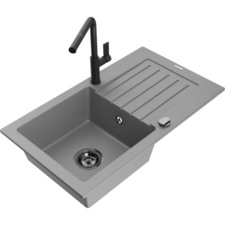Mexen Pablo 1-bowl granite sink with drainer and Flora kitchen tap, grey - 6510-71-670401-70-B