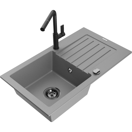 Mexen Pablo 1-compartment granite sink with a drip tray and kitchen mixer tap Flora, Grey - 6510-71-670401-70-B