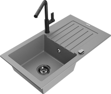 Mexen Pablo 1-compartment granite sink with a drip tray and kitchen mixer tap Flora, Grey - 6510-71-670401-70-B