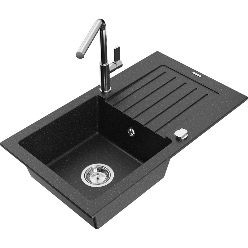 Mexen Pablo granite single-bowl sink with drainer and Flora kitchen faucet, black/silver metallic - 6510-73-670401-00