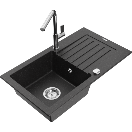 Mexen Pablo granite kitchen sink 1-bowl with drainer and Flora kitchen tap, black/silver metallic - 6510-73-670401-00