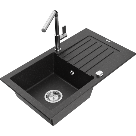 Mexen Pablo granite sink 1-bowl with drainer and kitchen faucet Flora, black/silver metallic - 6510-73-670401-00